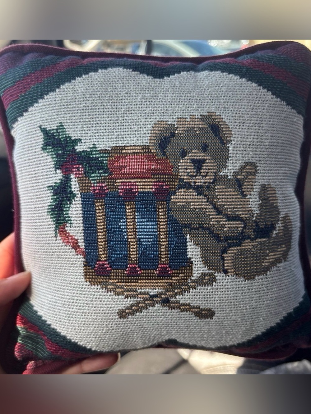 Holiday Needlepoint Teddy Ornament Pillow - Multicolor